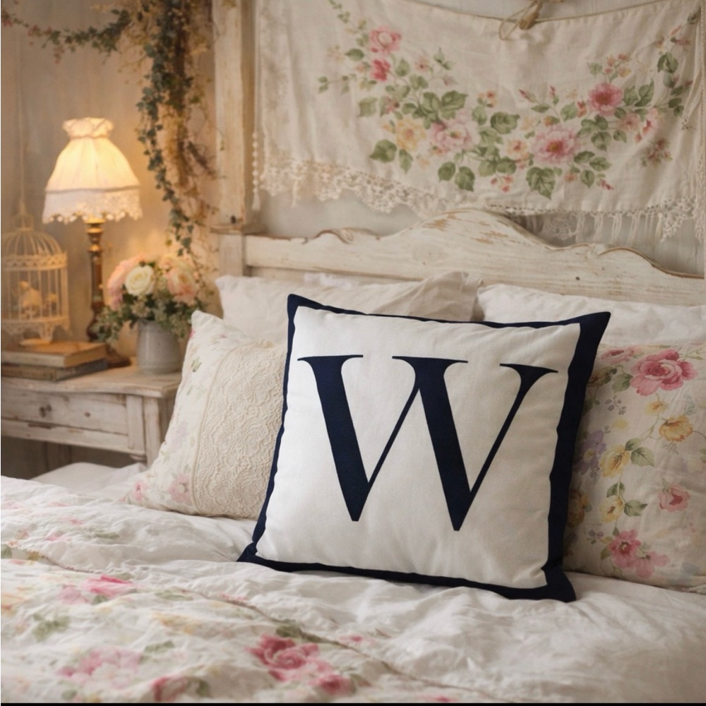 MONOGRAM PILLOW "W" Square 18" X 18" Sofa Chair Couch Bedroom Living Room